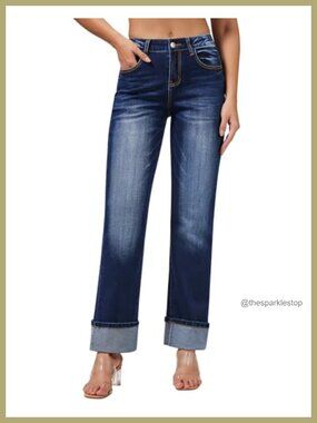 Women's High Waisted Straight Leg Jeans Stretch Comfort Fixed Cuff Hem